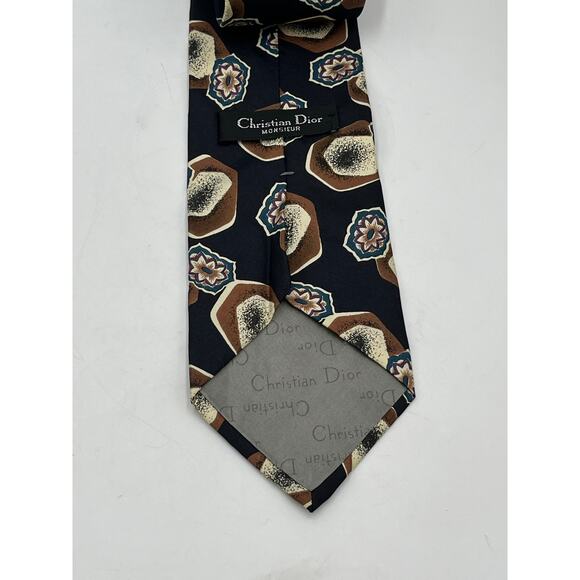 Christian Dior Monsieur Vintage Silk Blue Brown Cream Pointed Tie - Picture 3 of 7